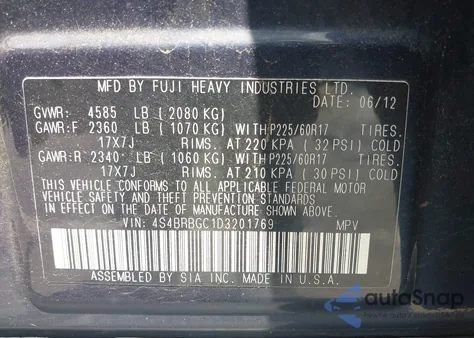 2013 Subaru Outback 2.5I Premium z USA, uszkodzony, nr VIN 4S4BRBGC1D3201769